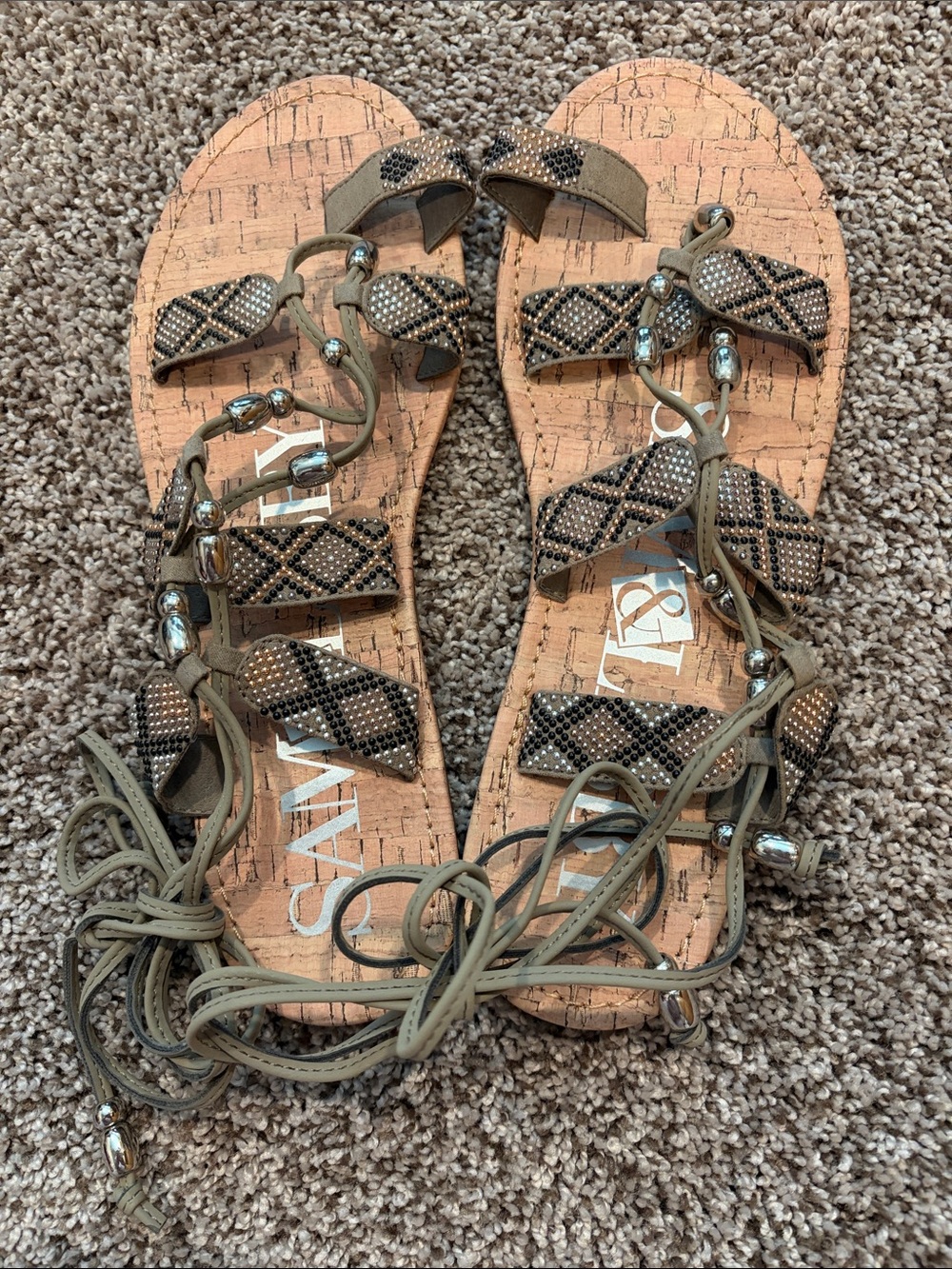 Sam & Libby Beaded Olive Lace-Up Gladiator Sandals Size 9.5